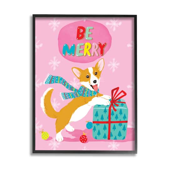 Stupell Industries Be Merry Smiling Puppy Gift Framed Giclee Art